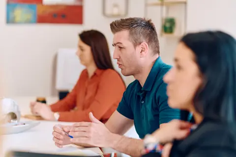 A diverse business team working together